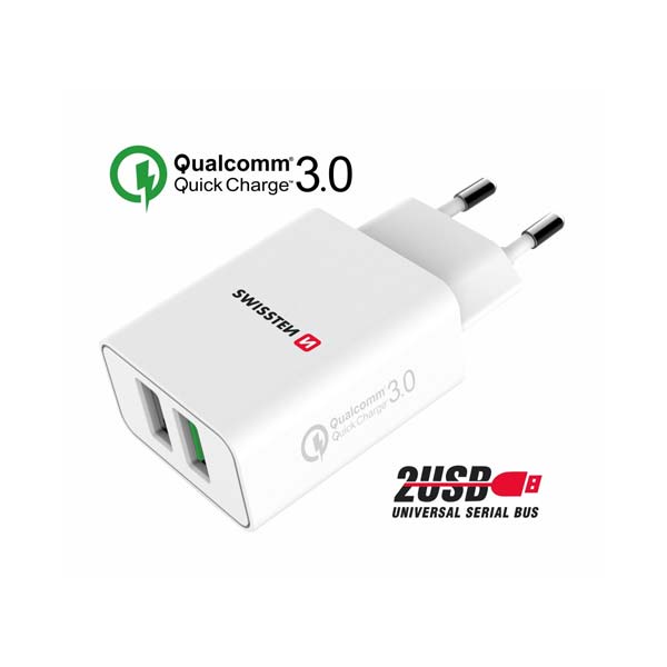 Sítóvý  Adaptér Swissten 2x USB QC 3.0 + USB, 23W, bílý