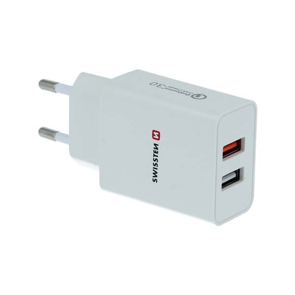 Sítóvý  Adaptér Swissten 2x USB QC 3.0 + USB, 23W, bílý