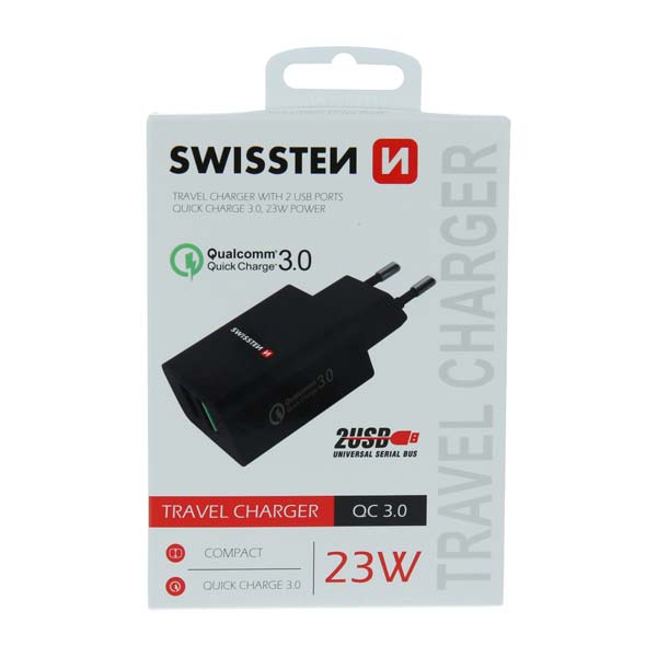 Sítóvý  Adaptér Swissten 2x USB QC 3.0 + USB, 23W, černý