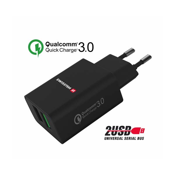 Sítóvý  Adaptér Swissten 2x USB QC 3.0 + USB, 23W, černý