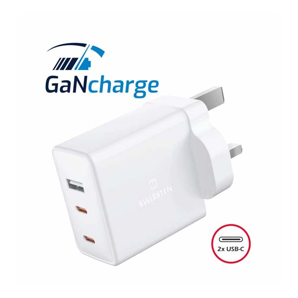 Swissten síťový adaptér GaN 2x USB-C + 1x USB 70W pre UK zásuvku, bílý