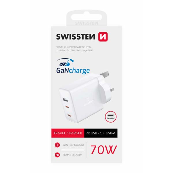 Swissten síťový adaptér GaN 2x USB-C + 1x USB 70W pre UK zásuvku, bílý