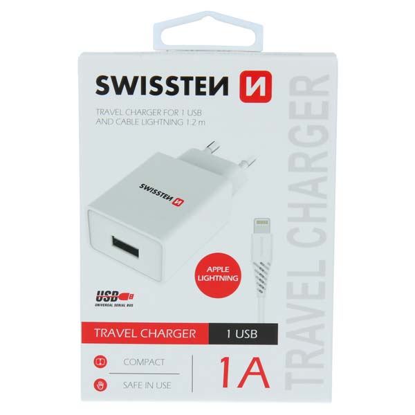 Sítóvý  Adaptér Swissten Smart IC 1x USB 1A + Datový kabelUSB / Lightning 1,2 m, bílý