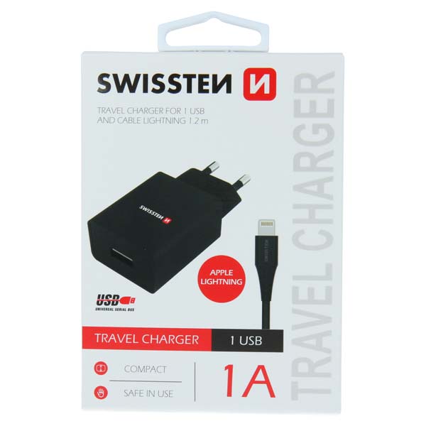 Sítóvý  Adaptér Swissten Smart IC 1x USB 1A + Datový kabelUSB / Lightning 1,2 m, černý