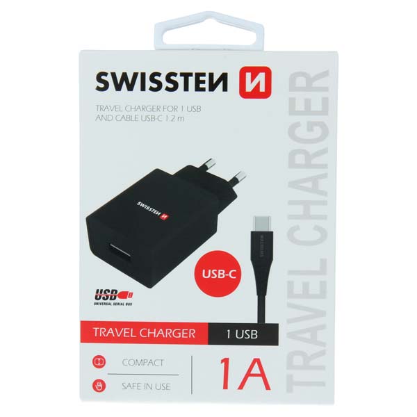 Sítóvý  Adaptér Swissten Smart IC 1x USB 1A + Datový kabelUSB / Typ C 1,2 m, černý