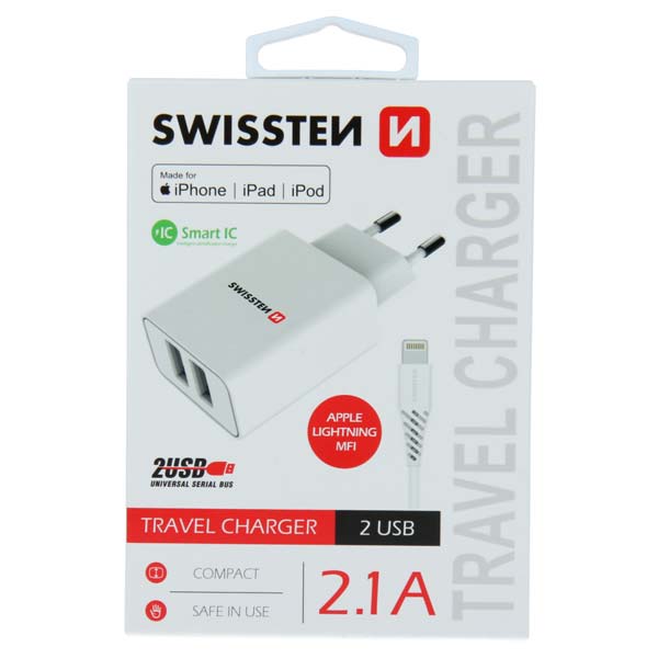 Sieťový Adaptér Swissten Smart IC 2x USB 2,1A + Dátový kábel USB / Lightning MFi 1,2 m, bílý