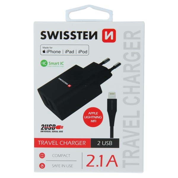 Sítóvý  Adaptér Swissten Smart IC 2x USB 2,1A Power + Datový kabel USB / Lightning MFi 1,2 m, černý