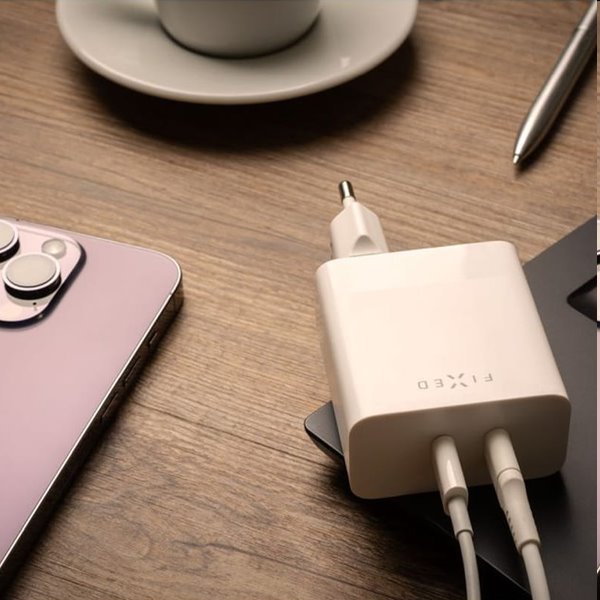 FIXED Síťová nabíječka s 2x USB-C, PD, 65W, bílá