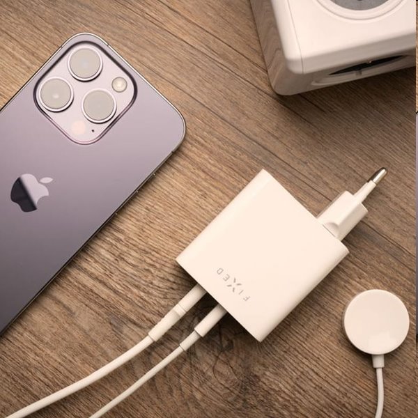 FIXED Síťová nabíječka s 2x USB-C, PD, 65W, bílá