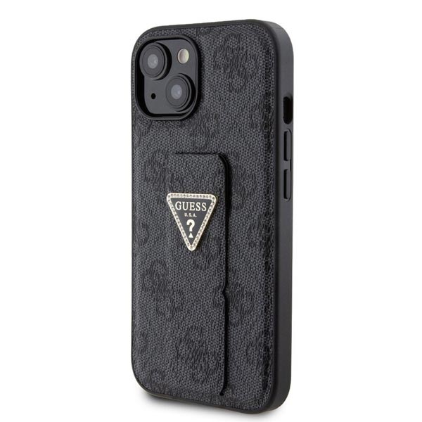 Guess PU Grip Stand 4G Strass Triangle Metal Logo Zadní kryt pro iPhone 15, black