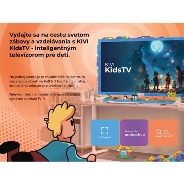 Kiwi TV pro děti, 32" (81cm), FHD, Android TV 11, 1920x1080, ochranné sklo, noční světlo