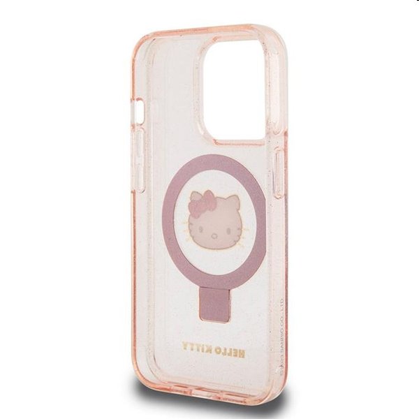 Zadní kryt Hello Kitty IML Ringstand Glitter Kitty Head Logo MagSafe pro Apple iPhone 15 Pro, růžové