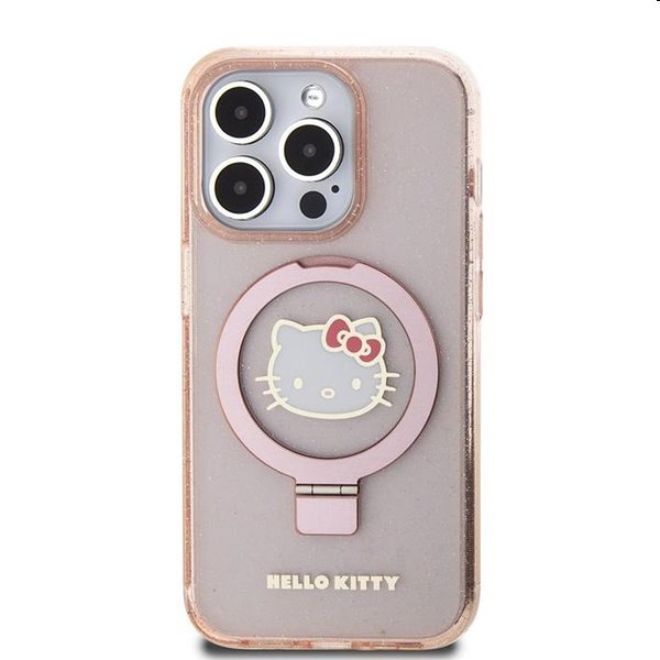 Zadní kryt Hello Kitty IML Ringstand Glitter Kitty Head Logo MagSafe pro Apple iPhone 15 Pro, růžové