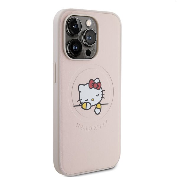 Zadní kryt Hello Kitty PU Kitty Asleep Logo MagSafe pro Apple iPhone 15 Pro, růžové