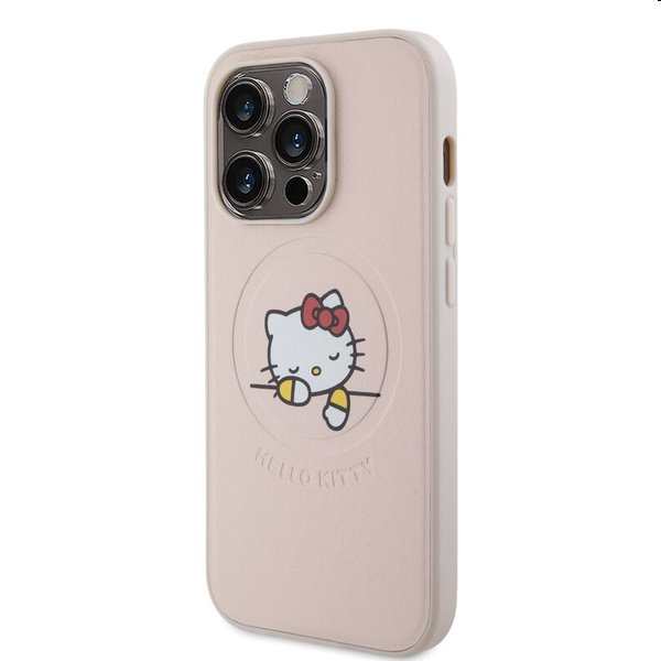 Zadní kryt Hello Kitty PU Kitty Asleep Logo MagSafe pro Apple iPhone 15 Pro, růžové