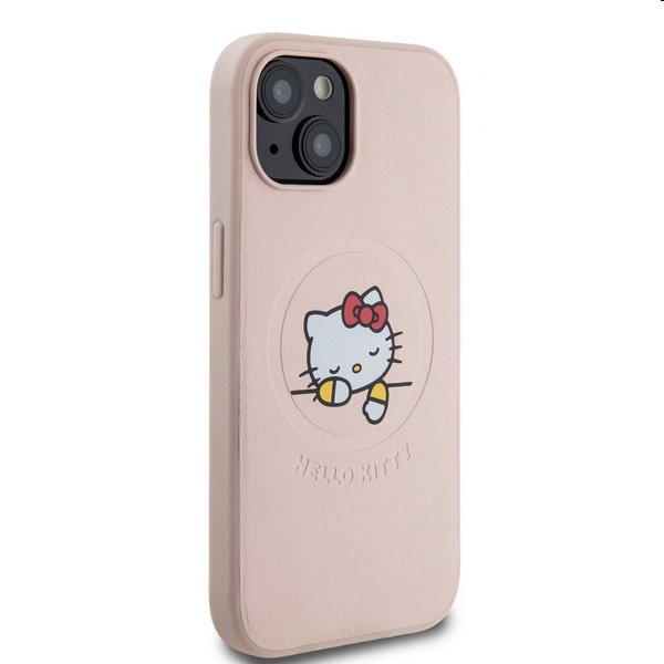 Zadní kryt Hello Kitty PU Kitty Asleep Logo MagSafe pre Apple iPhone 15, růžové