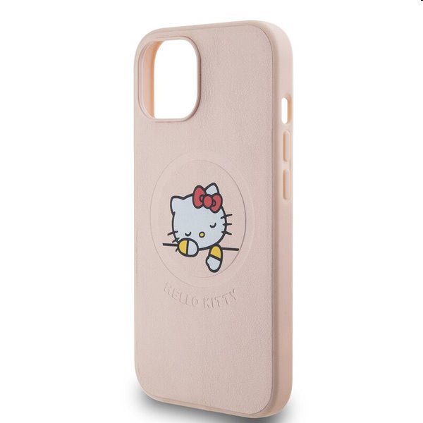 Zadní kryt Hello Kitty PU Kitty Asleep Logo MagSafe pre Apple iPhone 15, růžové
