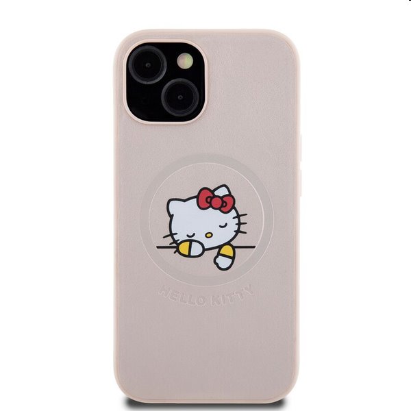 Zadní kryt Hello Kitty PU Kitty Asleep Logo MagSafe pre Apple iPhone 15, růžové
