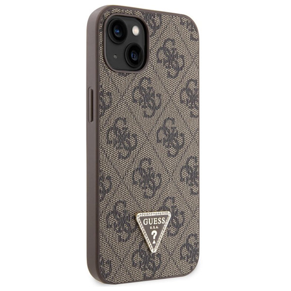 Guess PU 4G Strass Triangle Metal Logo Zadí Kryt pro iPhone 15, brown