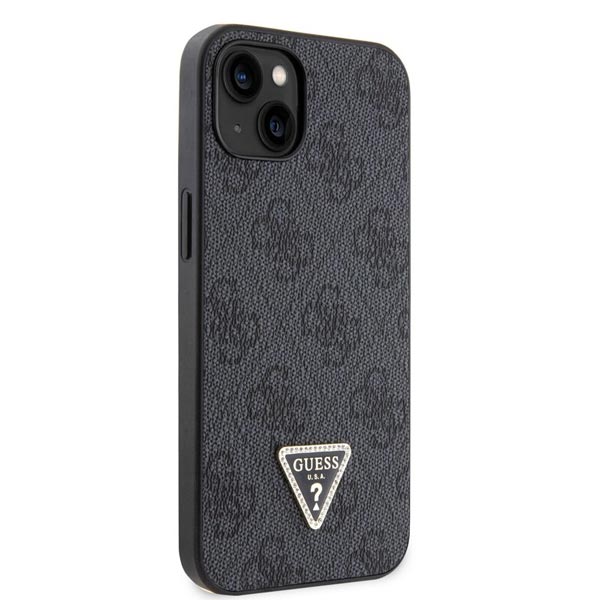 Guess PU 4G Strass Triangle Metal Logo Zadí Kryt pro iPhone 15 Plus, black