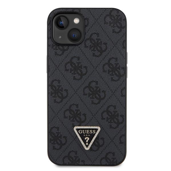 Guess PU 4G Strass Triangle Metal Logo Zadí Kryt pro iPhone 15 Plus, black