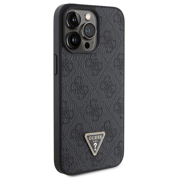 Guess PU 4G Strass Triangle Metal Logo Zadí Kryt pro iPhone 15 Pro, black