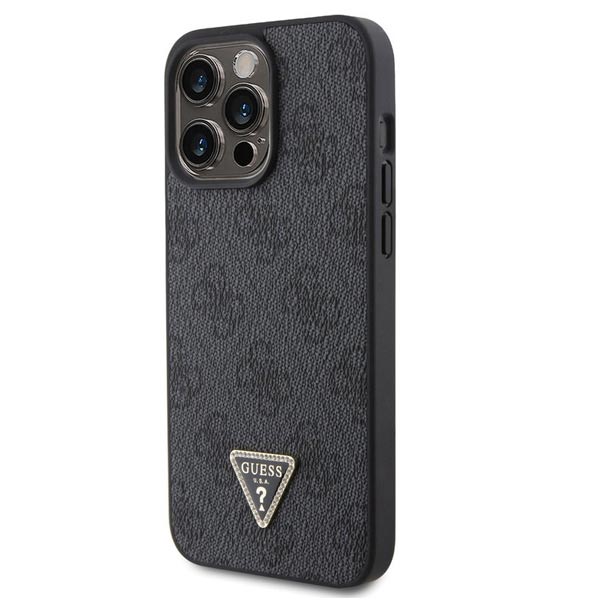 Guess PU 4G Strass Triangle Metal Logo Zadí Kryt pro iPhone 15 Pro, black