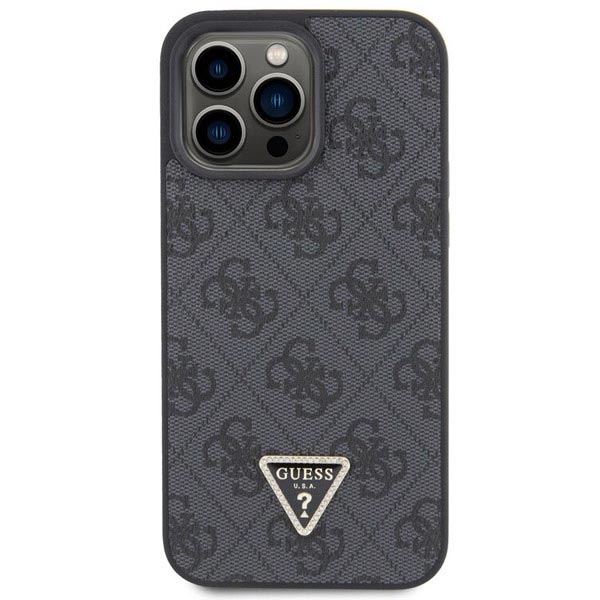 Guess PU 4G Strass Triangle Metal Logo Zadí Kryt pro iPhone 15 Pro, black