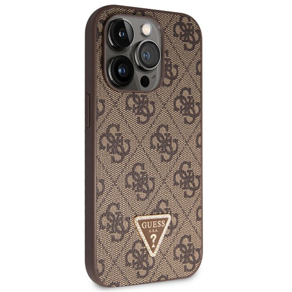 Guess PU 4G Strass Triangle Metal Logo Zadí Kryt pro iPhone 15 Pro, brown