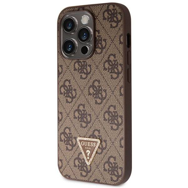 Guess PU 4G Strass Triangle Metal Logo Zadí Kryt pro iPhone 15 Pro, brown