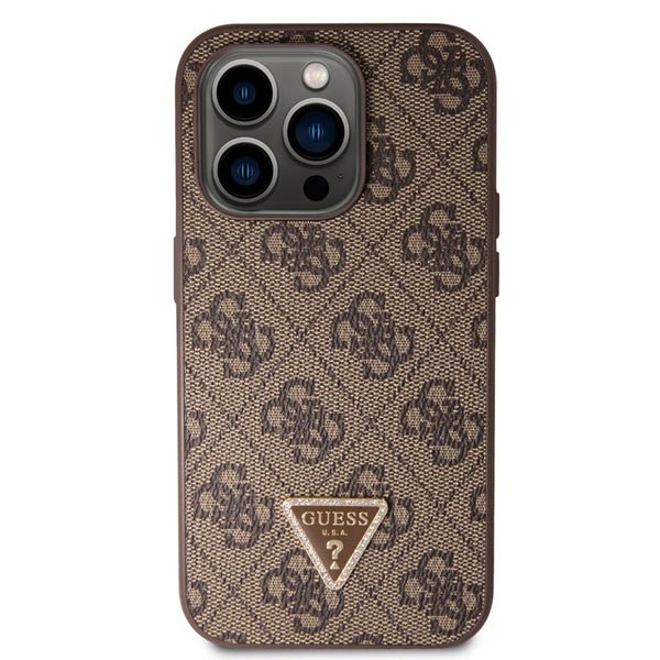 Guess PU 4G Strass Triangle Metal Logo Zadí Kryt pro iPhone 15 Pro, brown