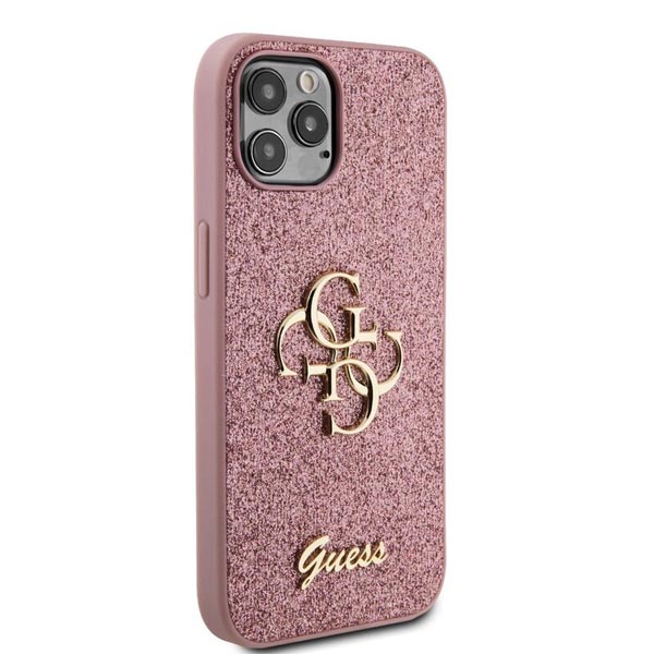 Guess PU Fixed Glitter 4G Metal Logo Zadní Kryt pro iPhone 12/12 Pro, pink
