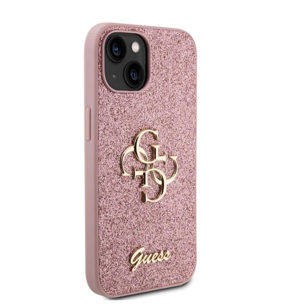 Guess PU Fixed Glitter 4G Metal Logo Zadní Kryt pro iPhone 15, pink
