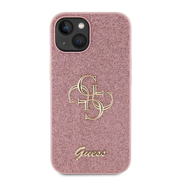 Guess PU Fixed Glitter 4G Metal Logo Zadní Kryt pro iPhone 15, pink