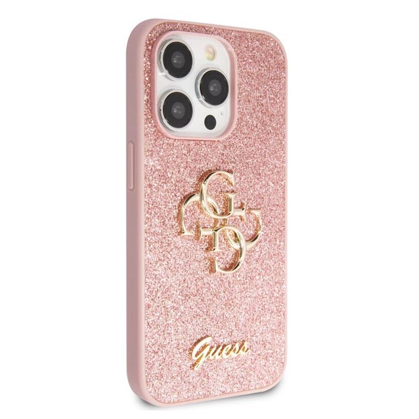 Guess PU Fixed Glitter 4G Metal Logo Zadní Kryt pro iPhone 15 Pro, pink