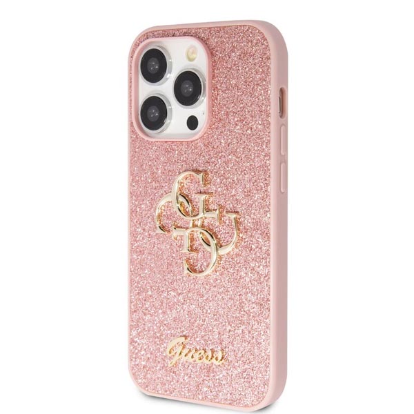 Guess PU Fixed Glitter 4G Metal Logo Zadní Kryt pro iPhone 15 Pro, pink