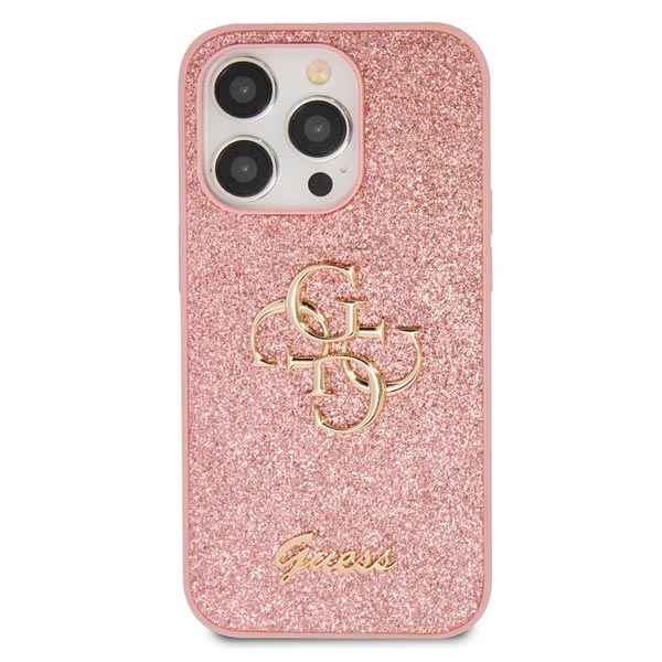 Guess PU Fixed Glitter 4G Metal Logo Zadní Kryt pro iPhone 15 Pro, pink