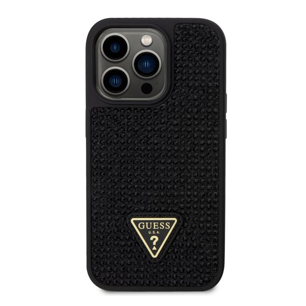 Guess Rhinestones Triangle Metal Logo Kryt pro iPhone 15 Pro, černé