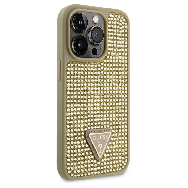 Guess Rhinestones Triangle Metal Logo Kryt pro iPhone 15 Pro Max, zlaté