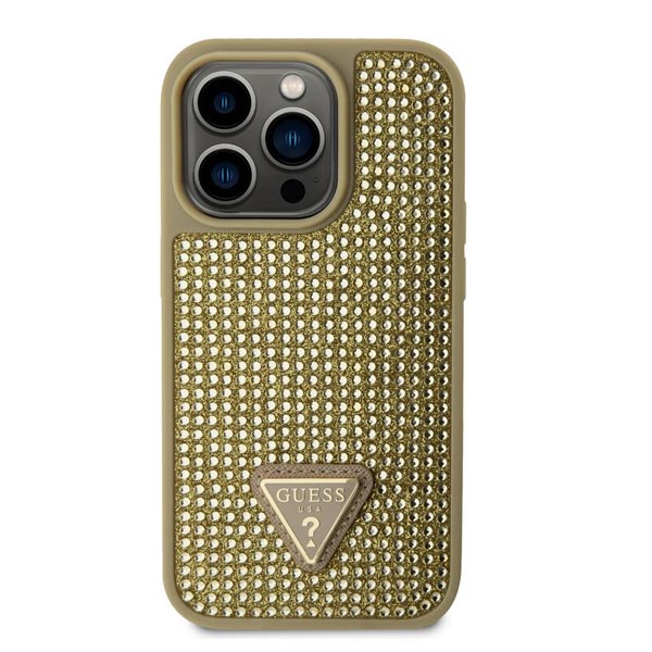 Guess Rhinestones Triangle Metal Logo Kryt pro iPhone 15 Pro Max, zlaté