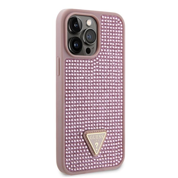 Guess Rhinestones Triangle Metal Logo Kryt pro iPhone 15 Pro Max, růžové