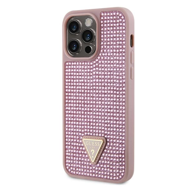 Guess Rhinestones Triangle Metal Logo Kryt pro iPhone 15 Pro Max, růžové