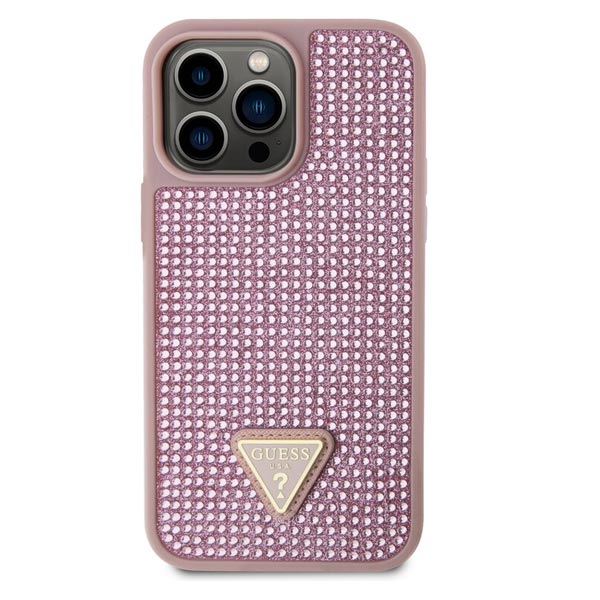 Guess Rhinestones Triangle Metal Logo Kryt pro iPhone 15 Pro Max, růžové