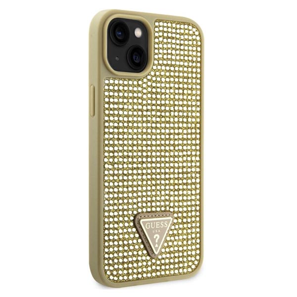 Guess Rhinestones Triangle Metal Logo Kryt pro iPhone 15, zlaté