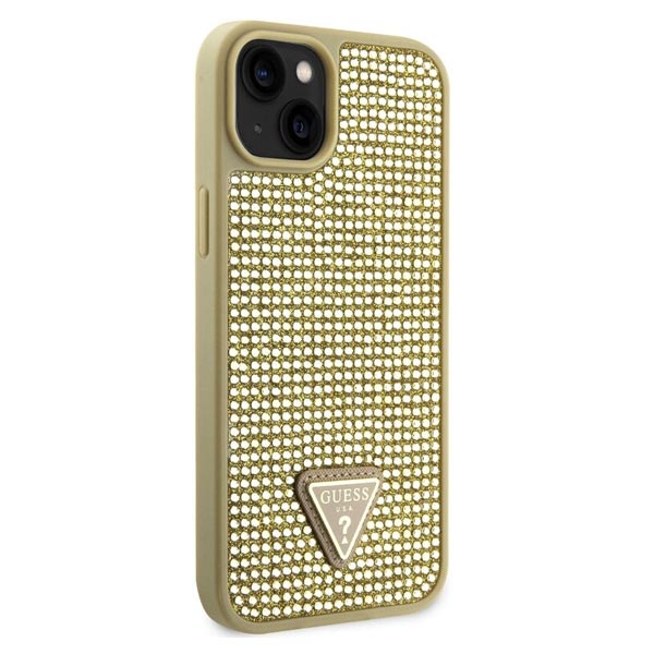 Guess Rhinestones Triangle Metal Logo Kryt pro iPhone 15, zlaté Guess Rhinestones Triangle Metal Logo Kryt pro iPhone 15, zlaté