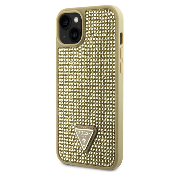 Guess Rhinestones Triangle Metal Logo Kryt pro iPhone 15, zlaté Guess Rhinestones Triangle Metal Logo Kryt pro iPhone 15, zlaté