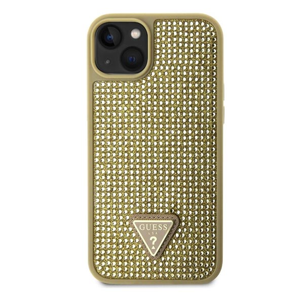 Guess Rhinestones Triangle Metal Logo Kryt pro iPhone 15, zlaté