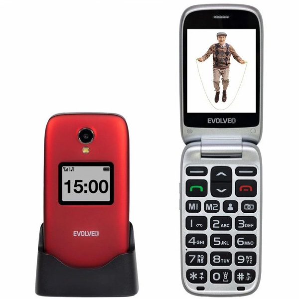Evolveo EasyPhone FS, vyklápěcí mobilní telefon 2.8" pro seniory s nabíjecím stojanem, červený
