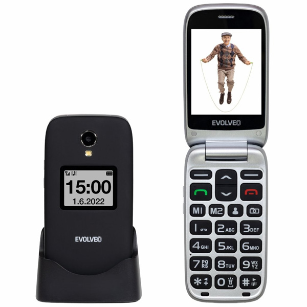 Evolveo EasyPhone FS, vyklápěcí mobilní telefon 2.8" pro seniory s nabíjecím stojanem, černý