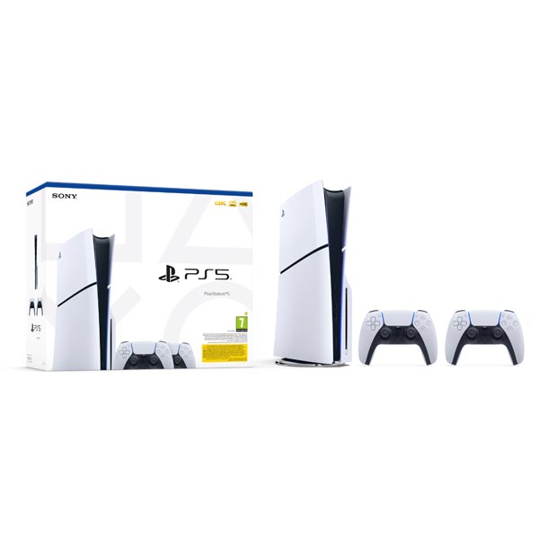 PlayStation 5 (Model Slim) + PlayStation 5 DualSense Wireless Controllers, black & white